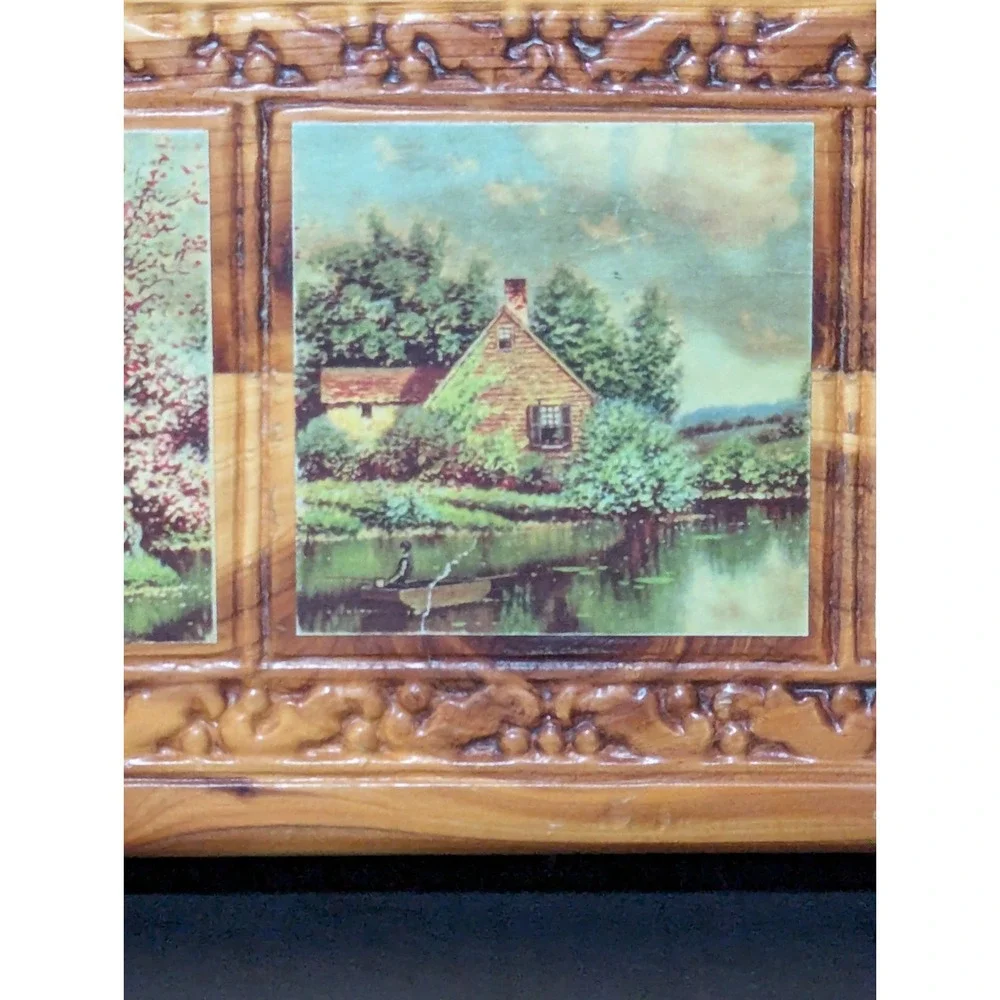 Vintage Hand Carved Cedar Wood Jewelry Keepsake Box Cottage Landscape 11